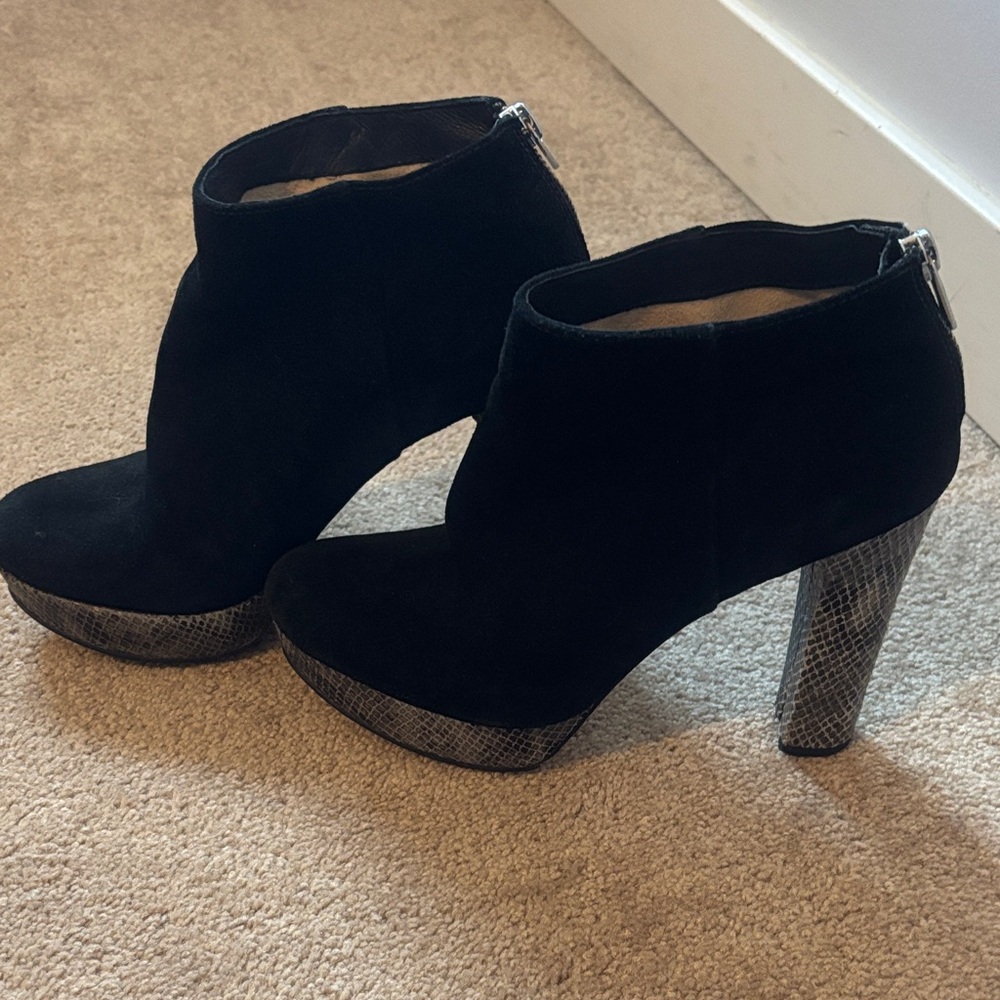 Michael Kors Black Suede Ankle Booties with Snake-Print Platform Heel